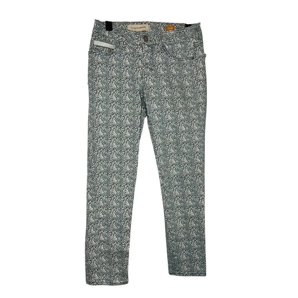 PILCRO & THE LETTER PRESS X ANTHROPOLOGIE BLUE‎ FLORAL PRINT CROPPED JEANS